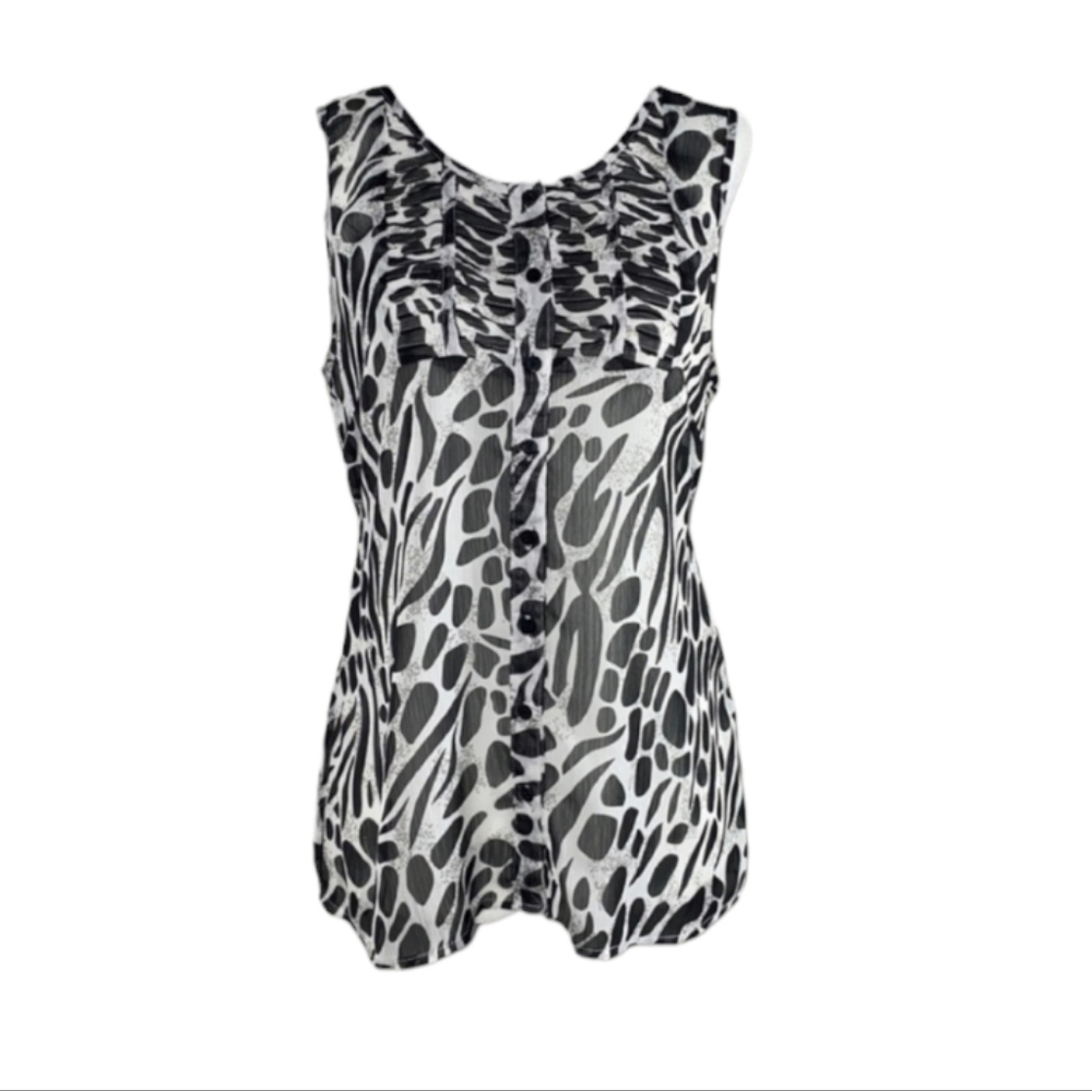 2/$25! Reitmans Sleeveless Animal Print Sheer Button Down Blouse - Picture 1 of 10